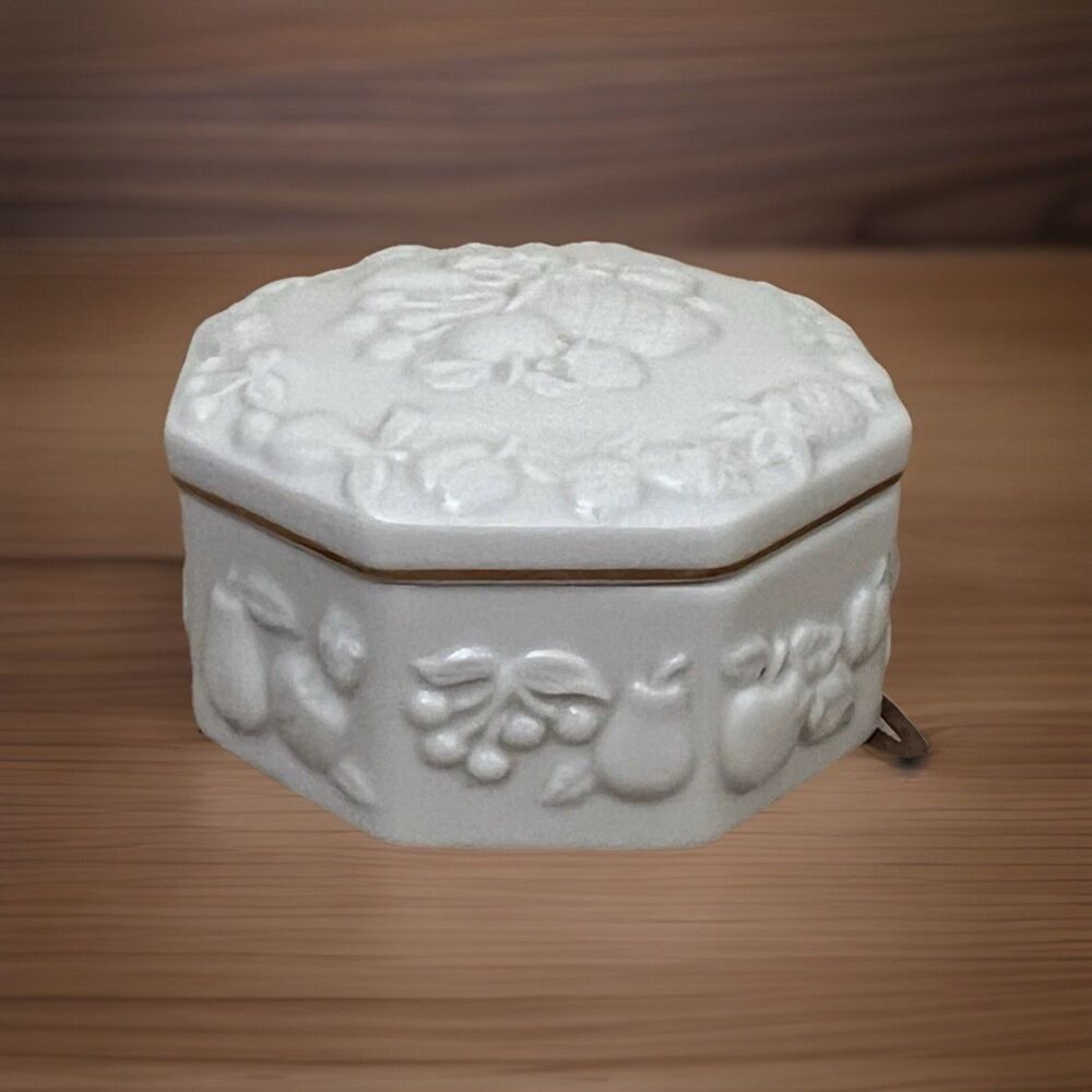 Lenox The Fruits of Life Ivory Porcelain Octagon Trinket Box 24k Gold Trim Vtg